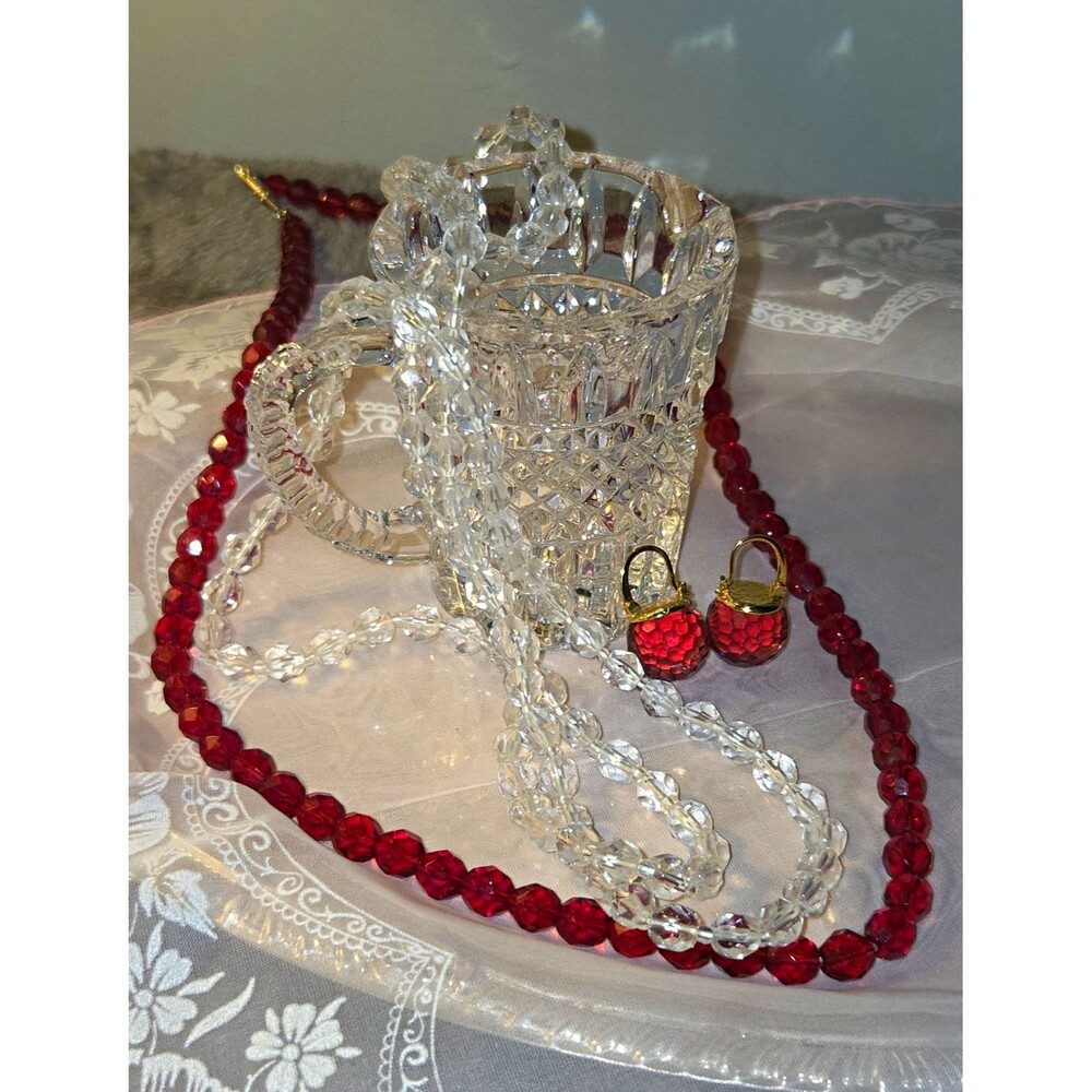 Red And Clear Round Glass Beaded Necklace And Earrings Jewelry Set